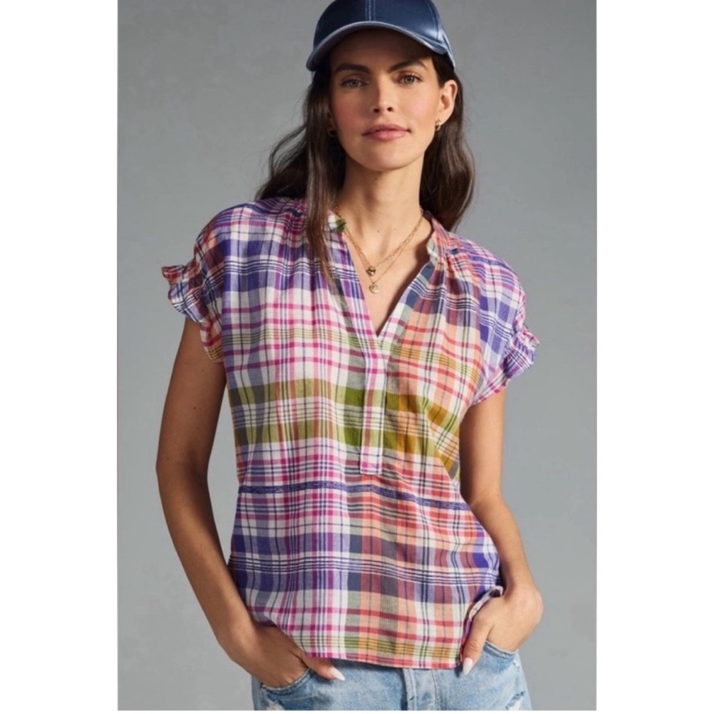anthropologie • pilcro • multicolor plaid short sleeve blouse